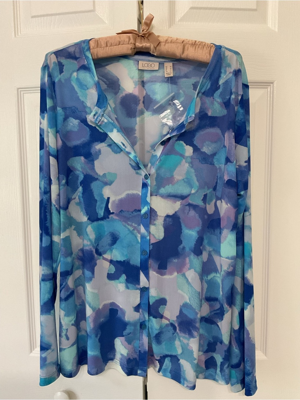 LOGO by Lori Goldstein Blue Print Button-Front Sheer Cardigan/Shirt